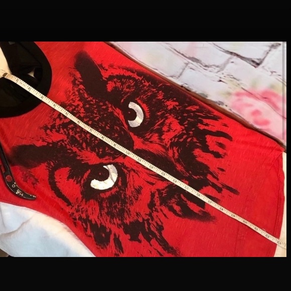 NWOT Red and Black Owl Top W/Sheer Tie Back - Picture 5 of 8